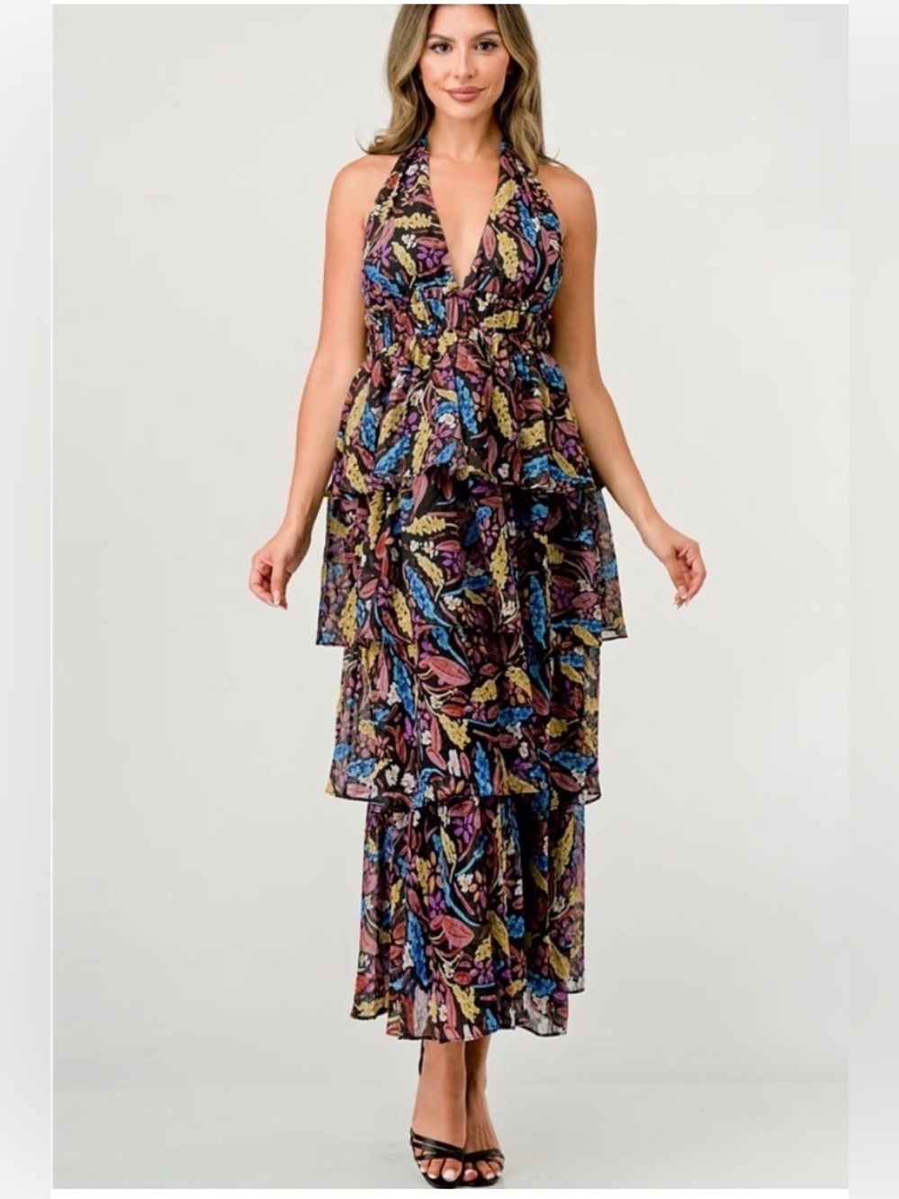 Meet Me In Santorini Halter Floral Tiered Dress